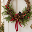 Twig Wreath With Red Berry, Pinecones With Bells And Bow – close-up product detail