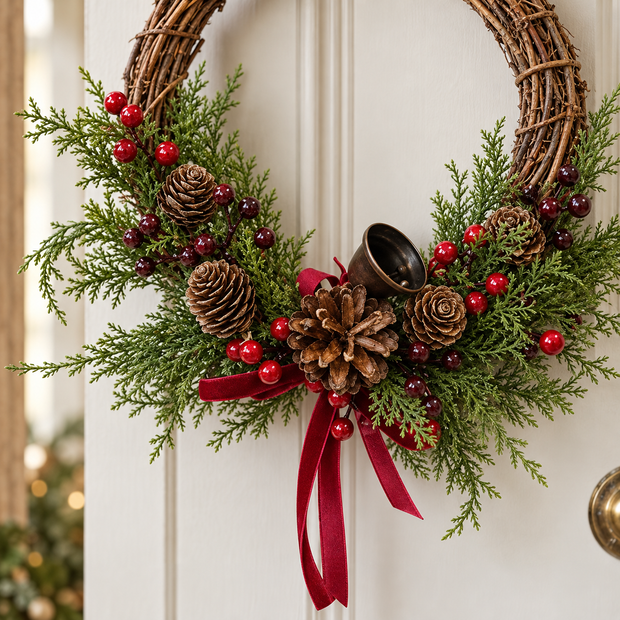 Twig Wreath With Red Berry, Pinecones With Bells And Bow – close-up product detail
