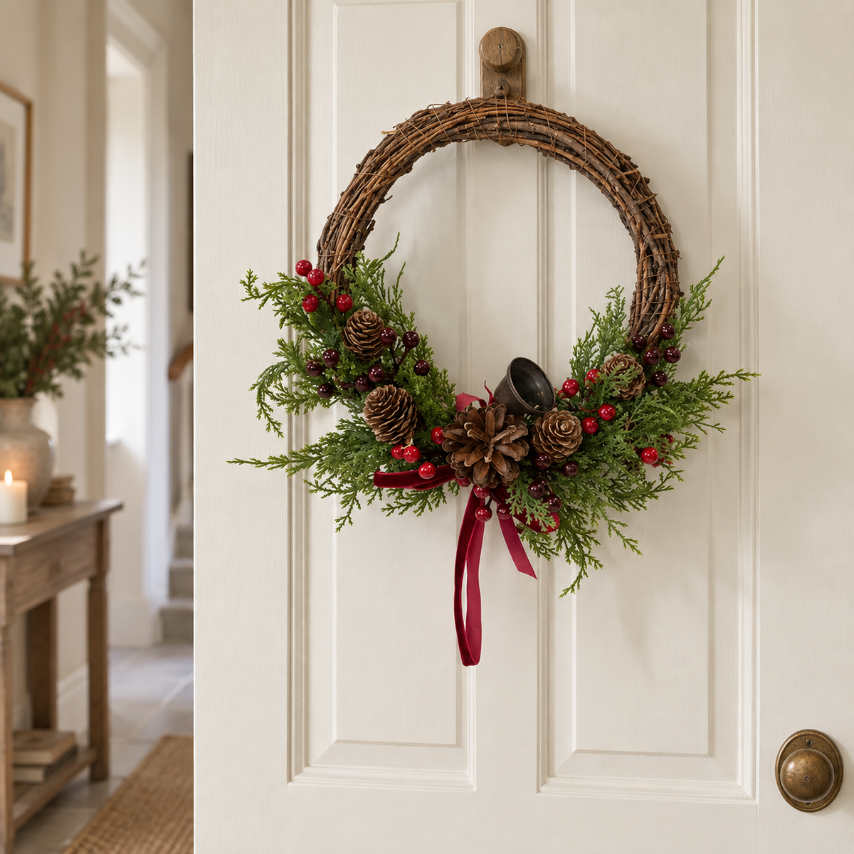 Twig Wreath With Red Berry, Pinecones With Bells And Bow – styled British country home view