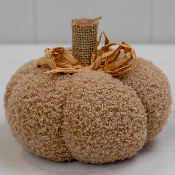 Caramel Brown Fabric Pumpkin, close view of the fluffy caramel pumpkin and wrapped stalk