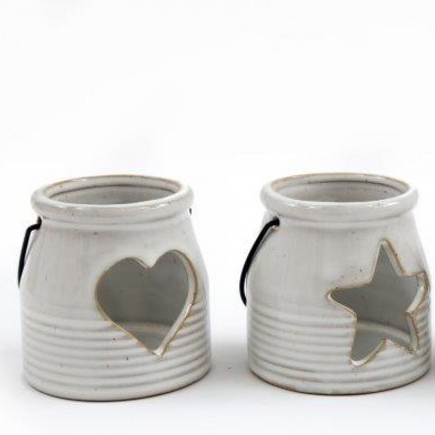 White Ceramic Tealight Holder With Handle, cream lanterns with heart and star cutouts