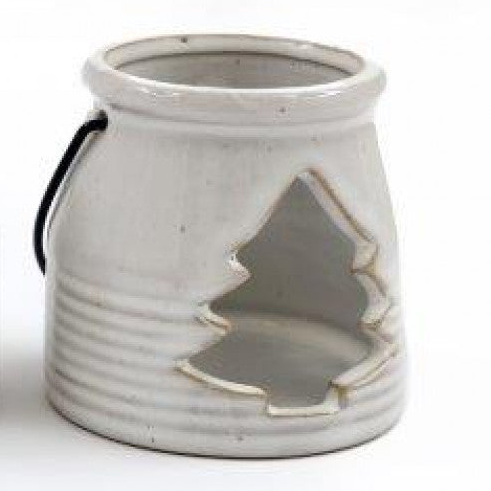 White Ceramic Tealight Holder With Handle, close-up of the cream tree-cutout lantern
