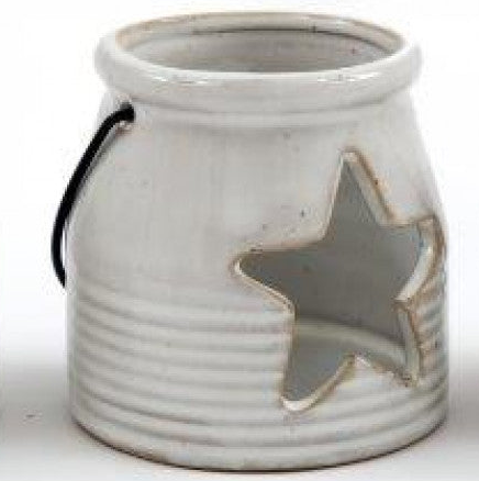 White Ceramic Tealight Holder With Handle, close-up of the cream star-cutout lantern