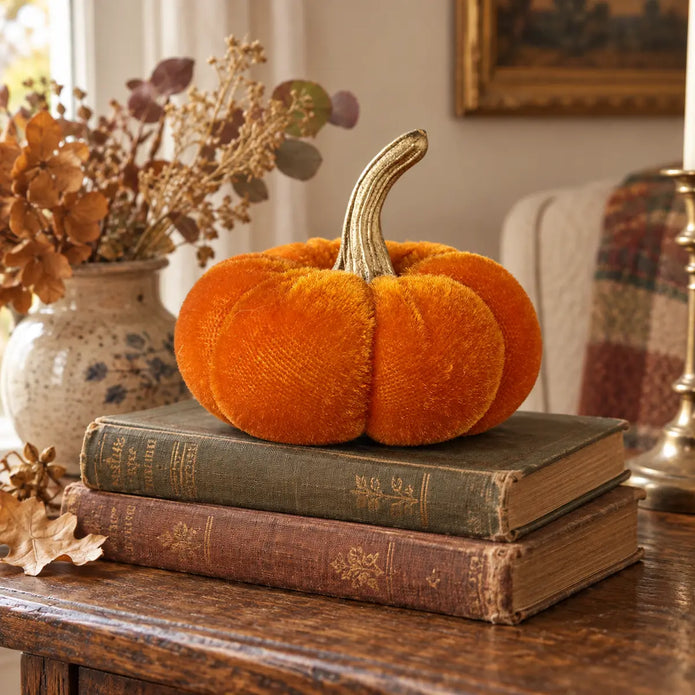 Mini orange velvet pumpkin with curved gold stem styled on vintage books