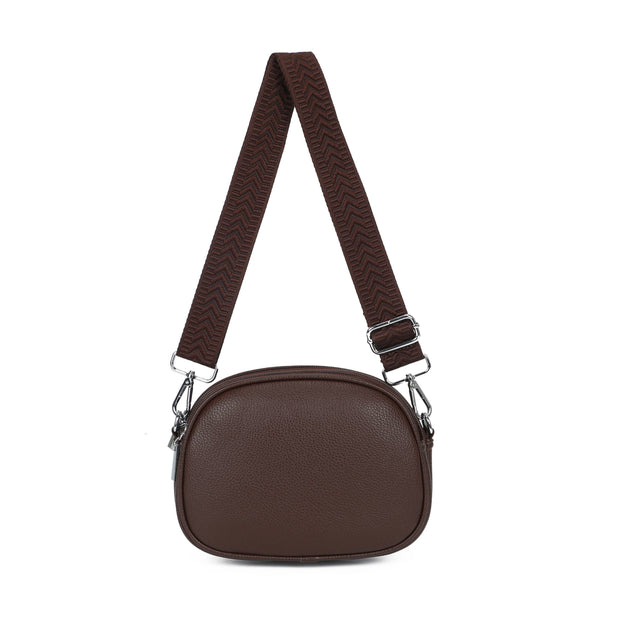 Rounded Crossbody Bag with Pattern Strap, dark brown rounded crossbody bag with a wide brown strap