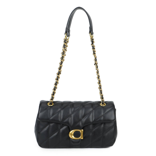 Quilted Chain Shoulder Bag with Flap Closure, black quilted shoulder bag with a gold-coloured chain strap