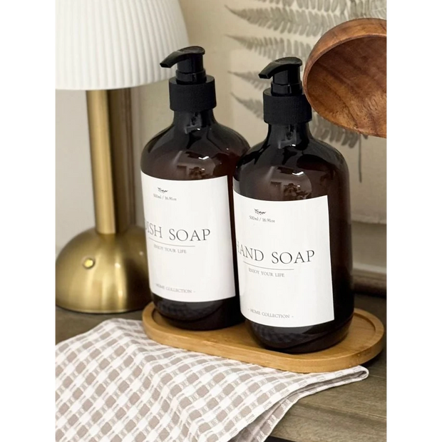 Starlight Express acrylic soap dispenser and handwash tray set for home decor, featuring sleek transparent bottles and matching tray.