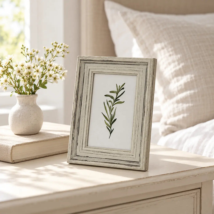 Small Alba wooden photo frame on a light bedside table beside white flowers