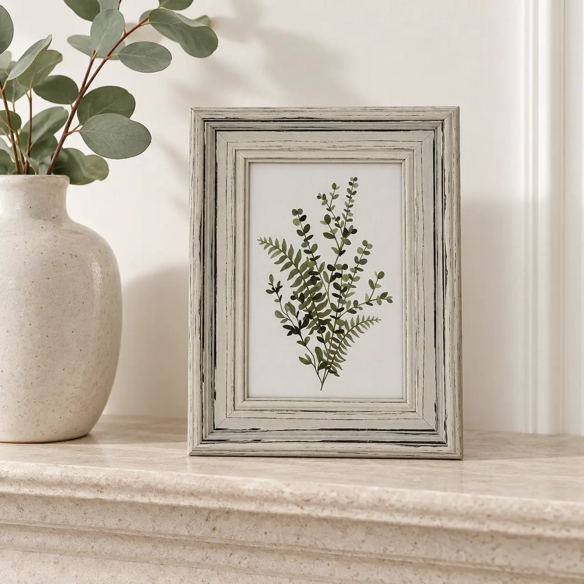 Alba distressed neutral wooden photo frame on a stone mantel beside eucalyptus