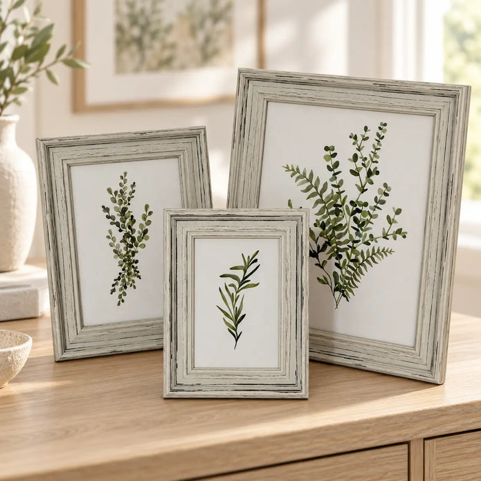 Three sizes of Alba neutral wooden photo frame on an oak console, sold individually