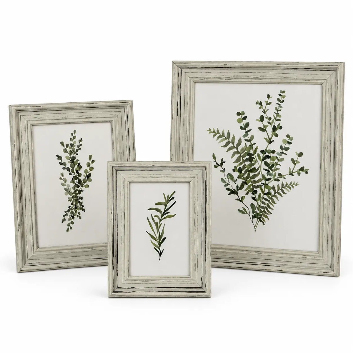 Three sizes of Alba distressed neutral wooden photo frame on white, sold individually