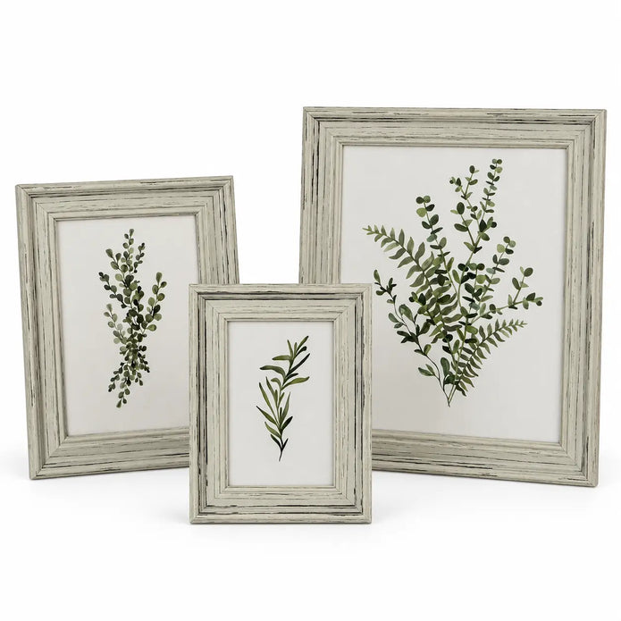 Three sizes of Alba distressed neutral wooden photo frame on white, sold individually
