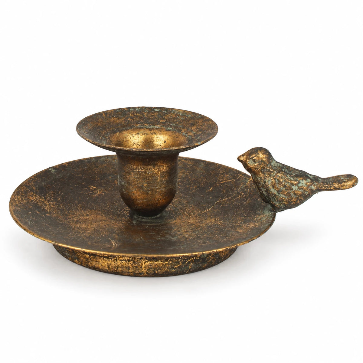 Antique bronze Originals International Ltd bird chamber stick candle holder with handle and candle cup