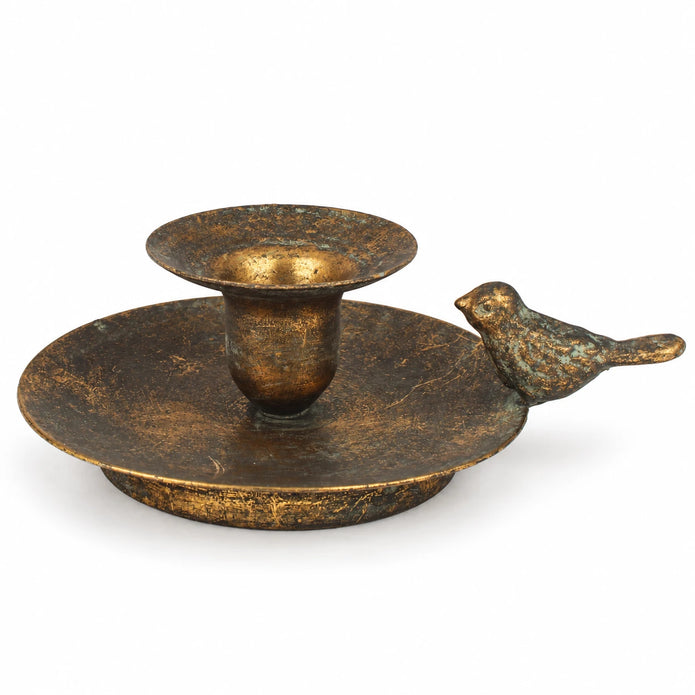 Antique bronze Originals International Ltd bird chamber stick candle holder with handle and candle cup