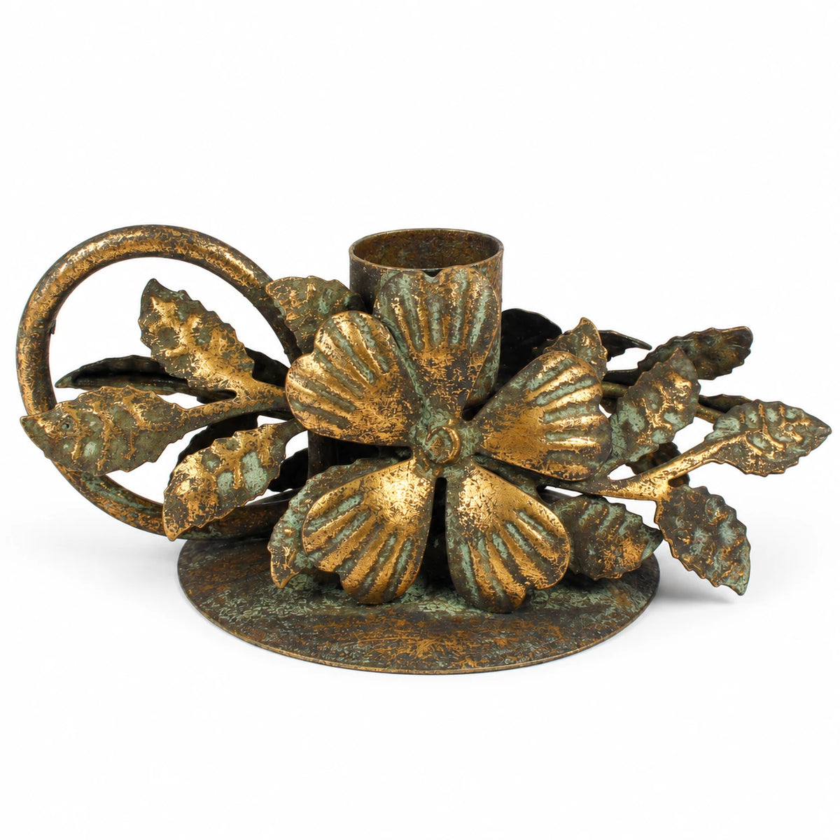 Antique bronze Originals International floral and leaf chamber stick candle holder close-up