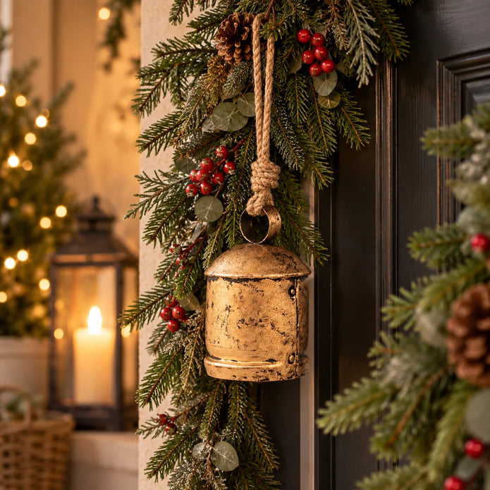 Single antique gold hanging cow bell on jute rope in Christmas greenery beside a front door