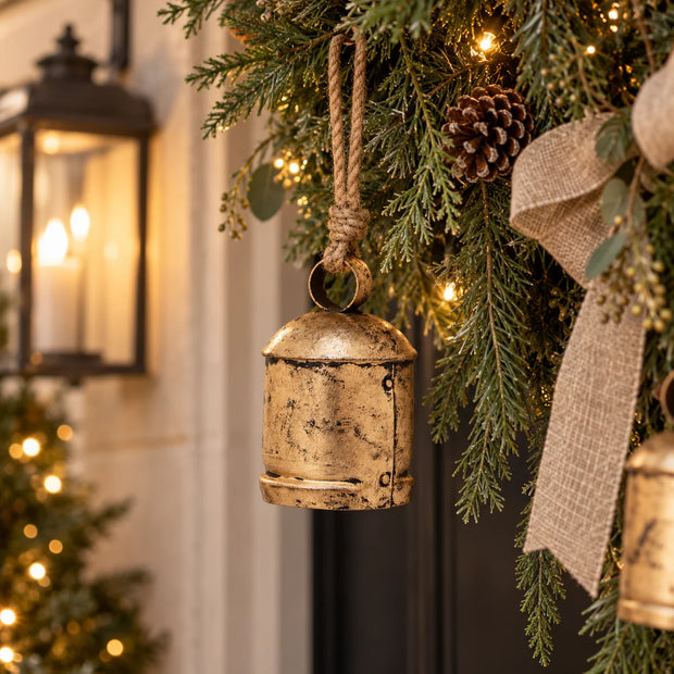 Antique gold hanging cow bell with Christmas-themed design, crafted by Hill Interiors, featuring a rustic, vintage style for holiday decor.