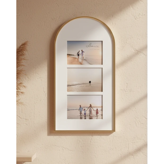 Gold and white arched top photo frame by Widdop & Co, designed for multiple photos, with elegant gold accents and a classic arch shape.
