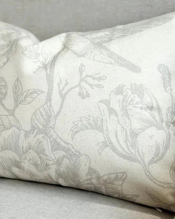 Aria Greige Bird Print Rectangle Cotton Cushion Cover