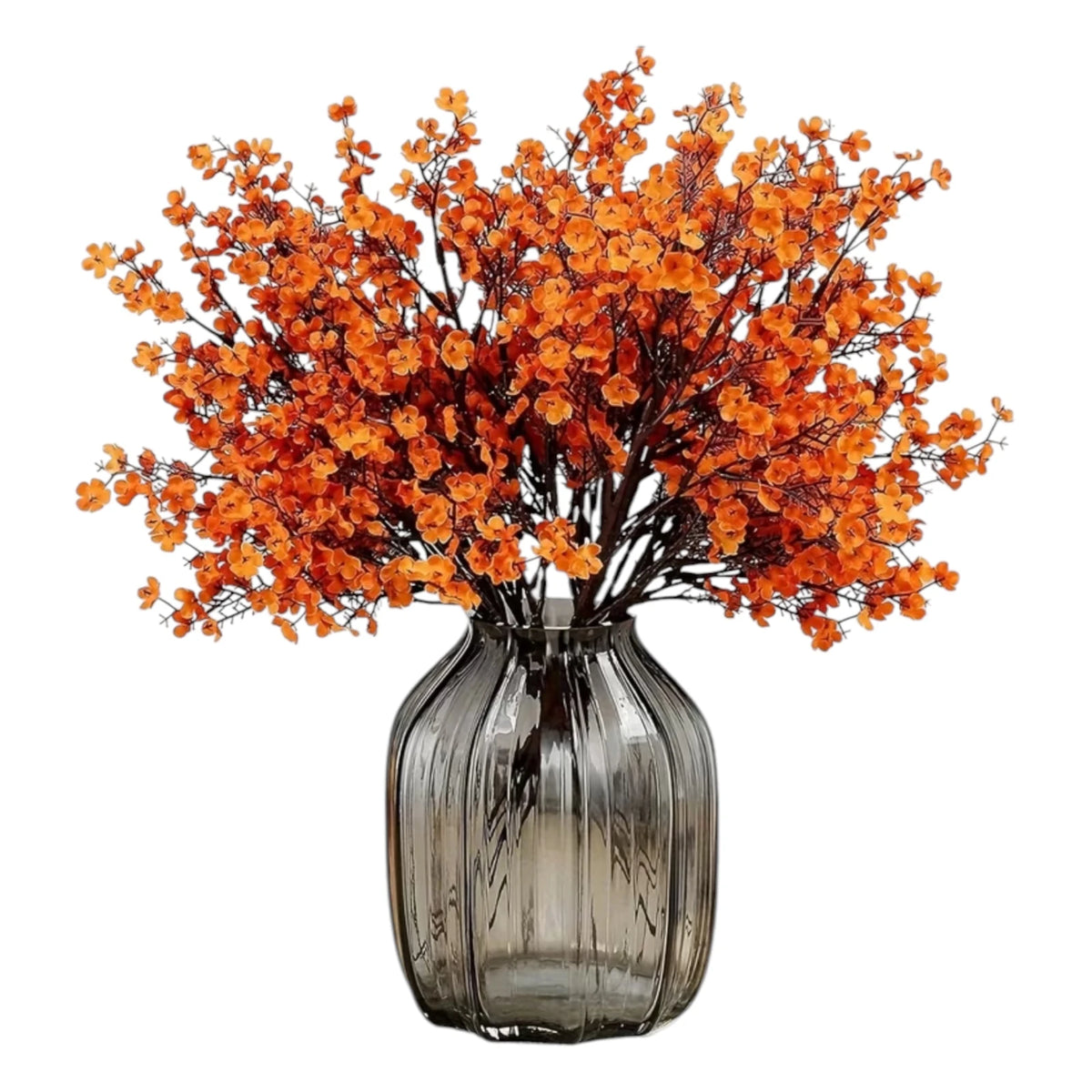 Artificial Autumnal Orange  Gypsophelia Stem, orange stems arranged in a ribbed smoky glass vase