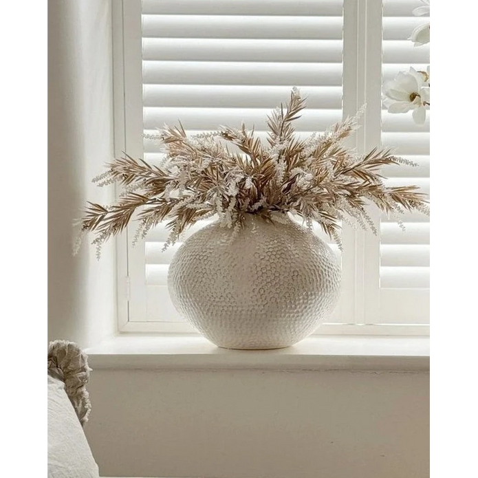 Ivory textured caldron vase by Hill Interiors with a rounded, decorative shape suitable for modern home decor.