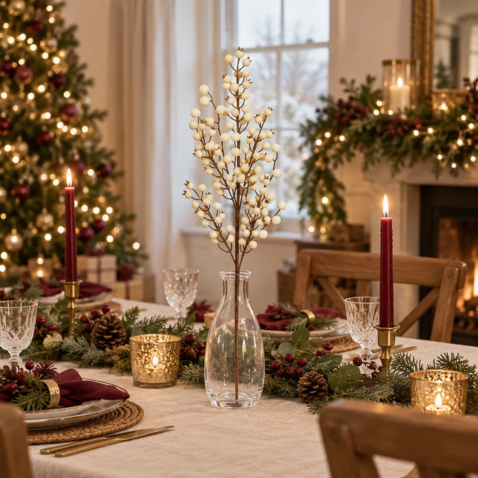 Cream artificial berry stem in a clear vase on a Christmas table with burgundy candles and evergreen place settings.