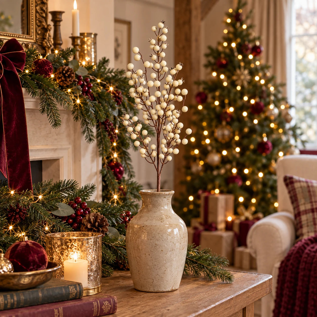 Cream berry stem in a ceramic vase beside a Christmas garland and softly glowing tree.
