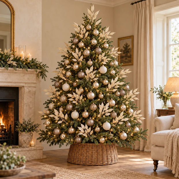 Multiple 85cm artificial cream leaf stems on a finished Christmas tree with lights and neutral baubles; styling accessories excluded.