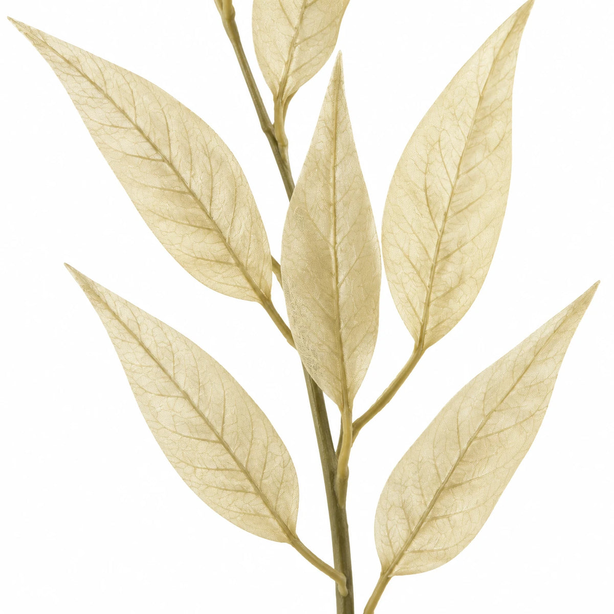 Close-up of pointed cream leaves and delicate veining on the artificial tall cream leaf stem.