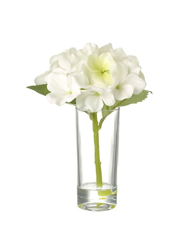 Artificial Mini White Hydrangea Stem In A Glass Bud Vase - Faux Plants & FlowersFaux Plants & Flowers - Lulu Loves Home