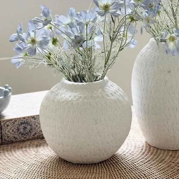 Ashen White Matt Round Vase, round white vase with blue flowers beside a taller vase