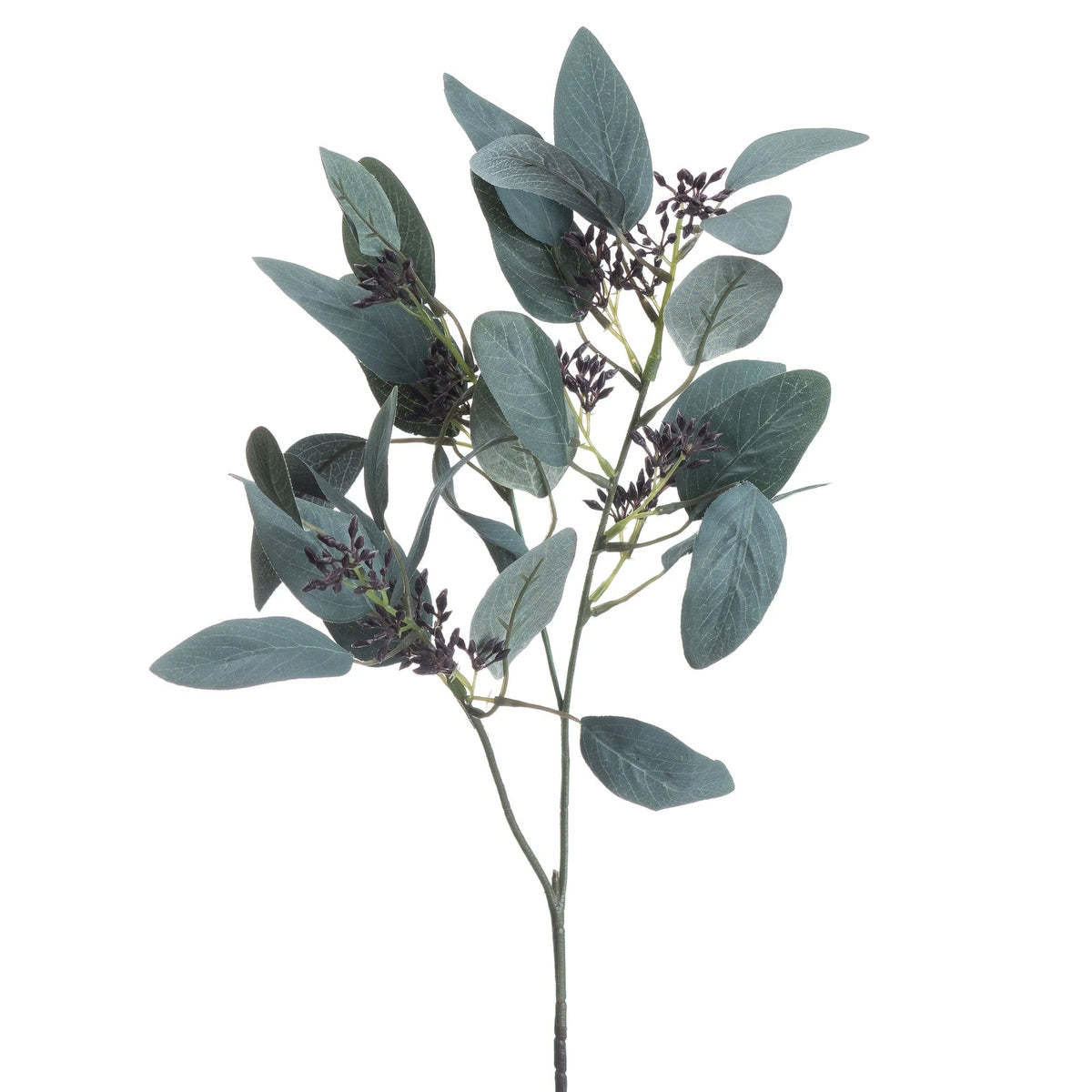 Artificial Seaded Eucalyptus Stem by Hill Interiors, showcasing realistic green eucalyptus leaves with seed accents on a natural stem.