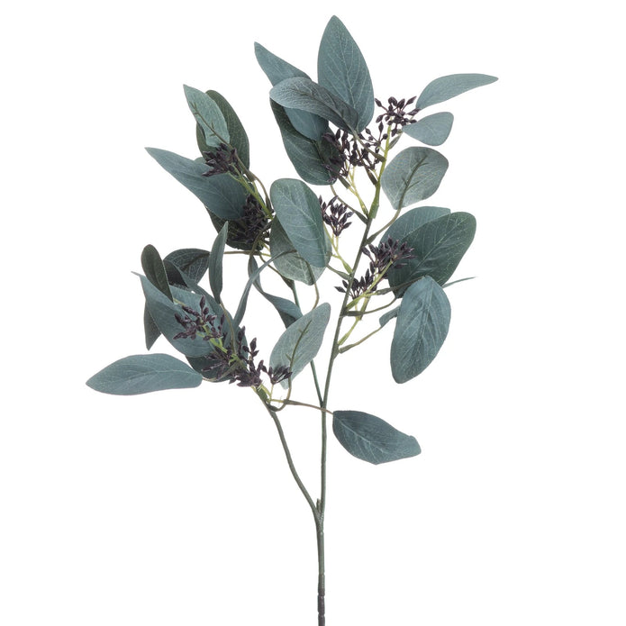 Artificial Seaded Eucalyptus Stem by Hill Interiors, showcasing realistic green eucalyptus leaves with seed accents on a natural stem.