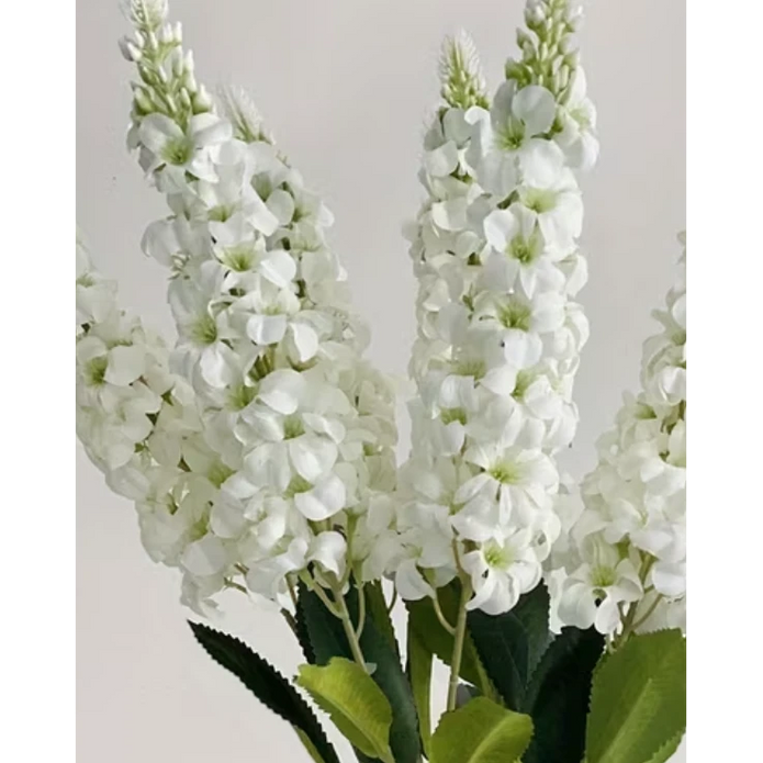 Artificial tall white Lupin stem from Starlight Express, realistic faux plant with delicate white flowers and green foliage.