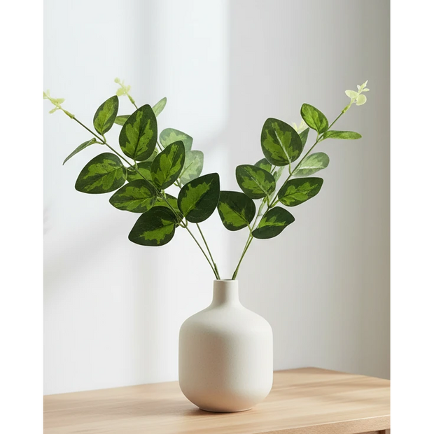 Artificial variegated foliage leaf stem from Hill Interiors, realistic plastic plant stem with green and white variegated leaves.