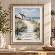 Artko Dune Cottage framed coastal wall art above a rustic wooden console in a neutral country home