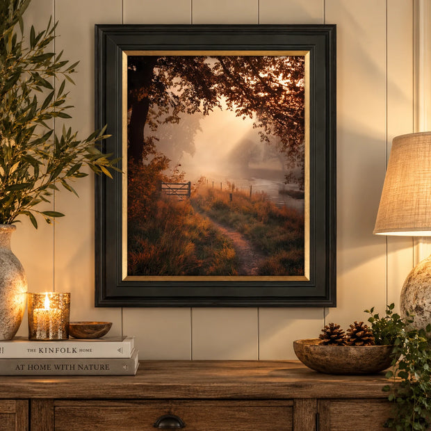 Falling Light I by M Torelli framed autumn countryside wall art above a rustic console