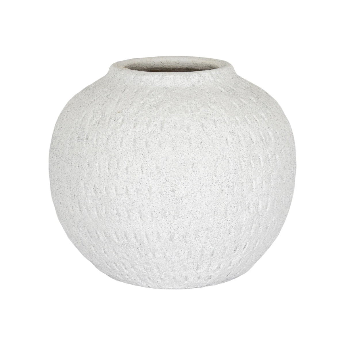 Ashen white matte round vase by Hill Interiors, showcasing smooth ceramic surface and modern rounded shape.