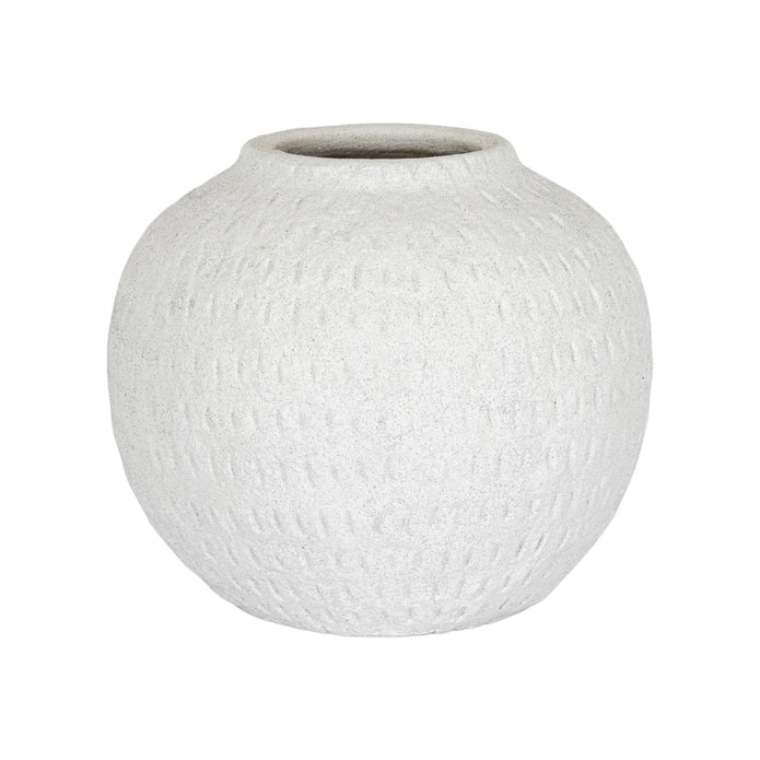 Ashen white matte round vase by Hill Interiors, showcasing smooth ceramic surface and modern rounded shape.