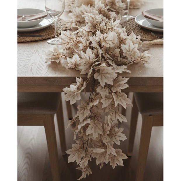 Autumn Beige Leaf Ivy Garland, cream ivy garland trailing down a dining table