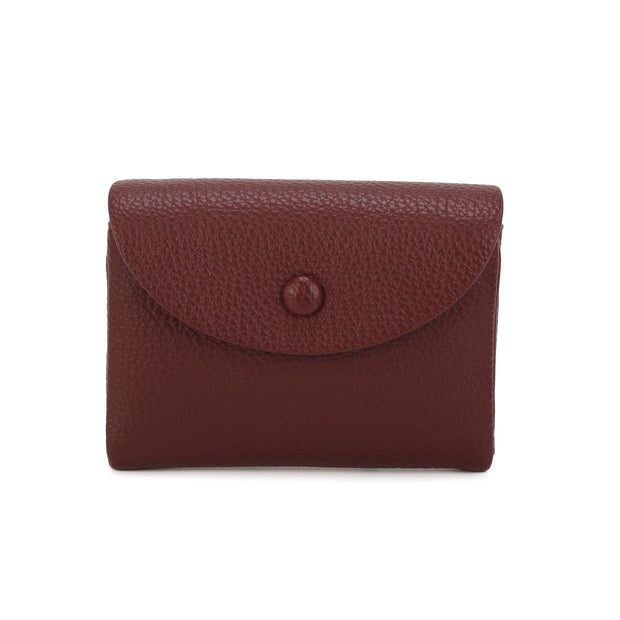 RFID Soft Grain Compact Wallet, front view of the closed burgundy wallet with a curved flap