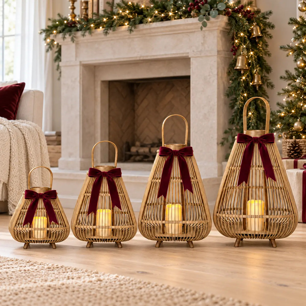 Four graduated bamboo LED lanterns with burgundy bows beside a Christmas fireplace; each sold individually