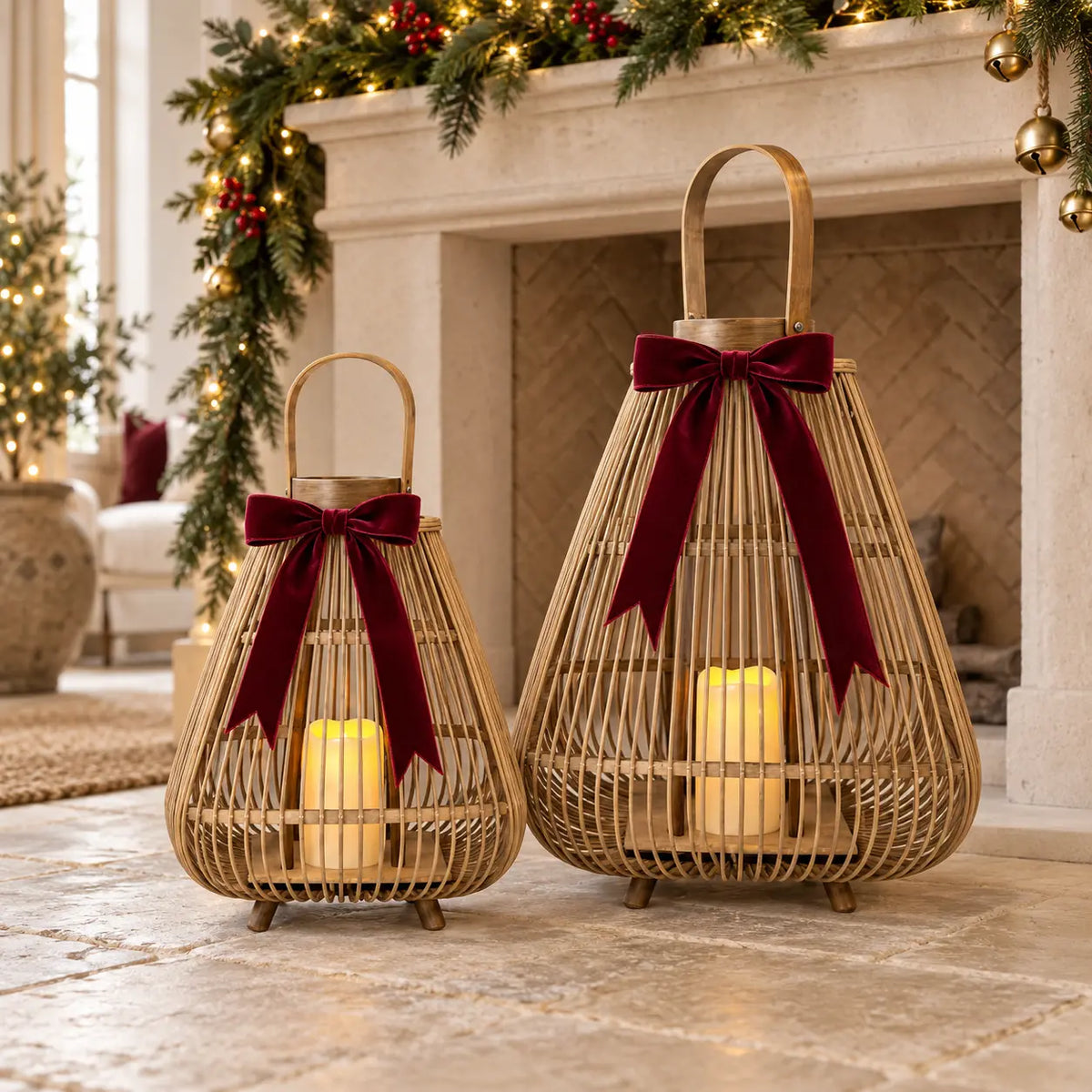 Two bamboo lanterns with LED candles and burgundy bows beside a Christmas fireplace; bows are styling props