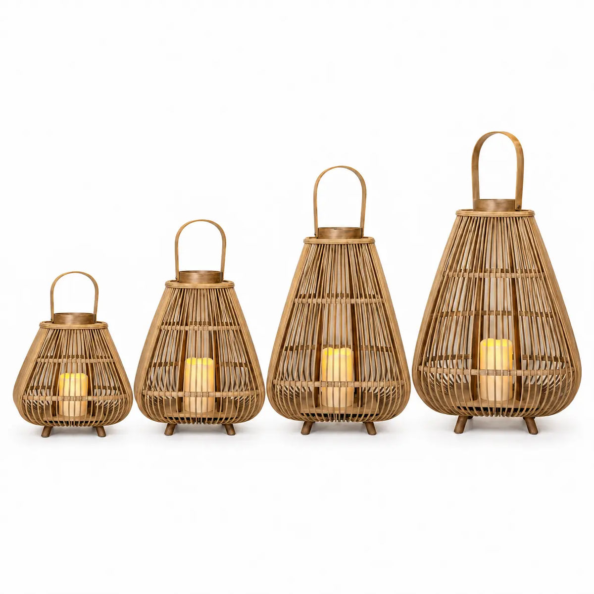 Four sizes of bamboo lantern with LED candles on a white background; each sold individually