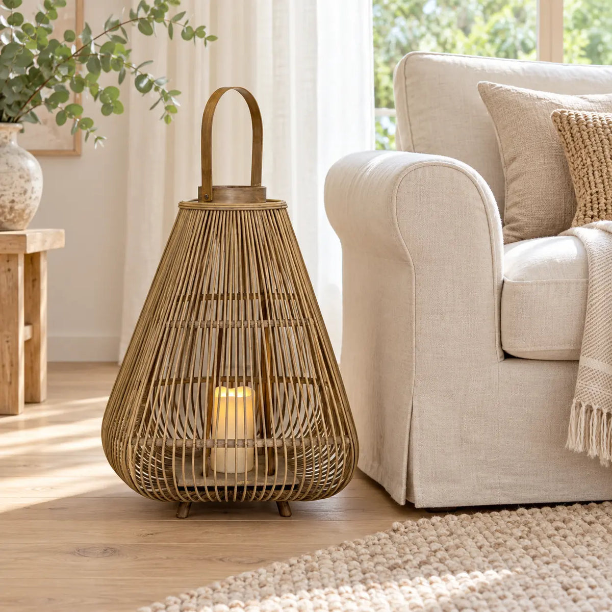 Bamboo lantern with an included LED candle on a wooden floor beside a cream linen armchair