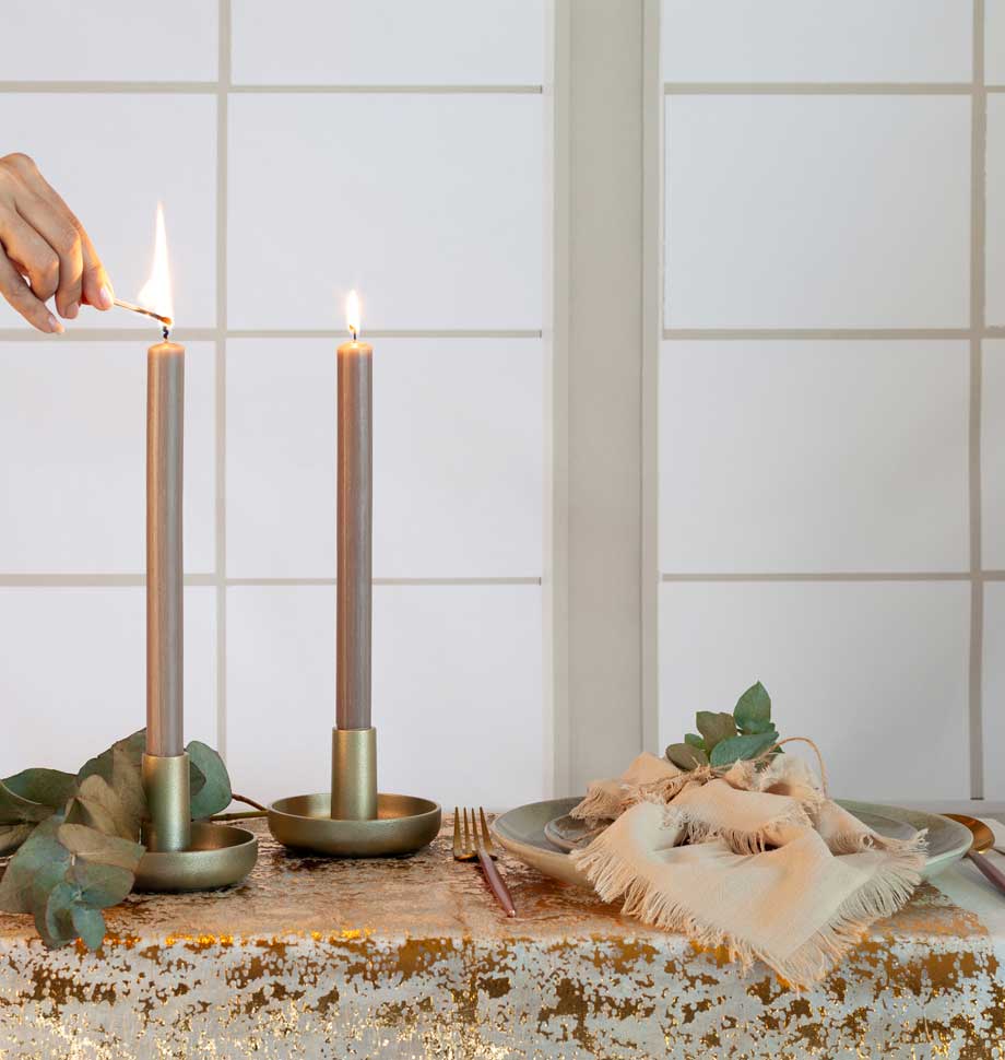 Taupe Christmas dinner candles by Shearer Candles, elegant tapered candles for holiday table decor.
