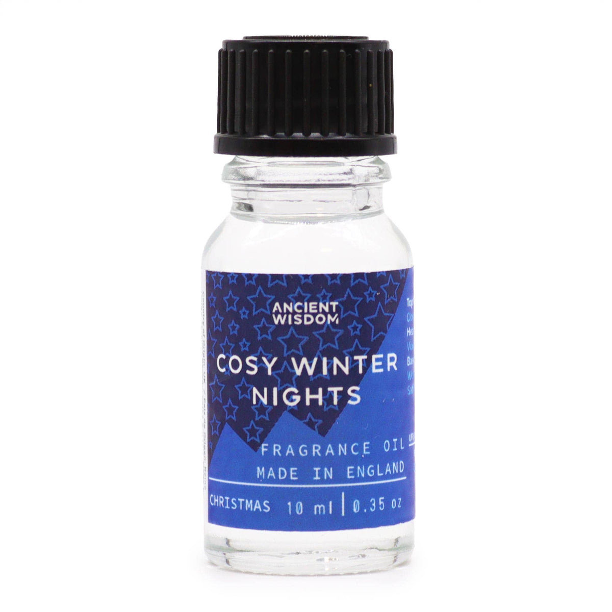 Ancient Wisdom Cosy Winter Nights Christmas fragrance oil 10ml bottle with festive holiday-themed label and packaging.