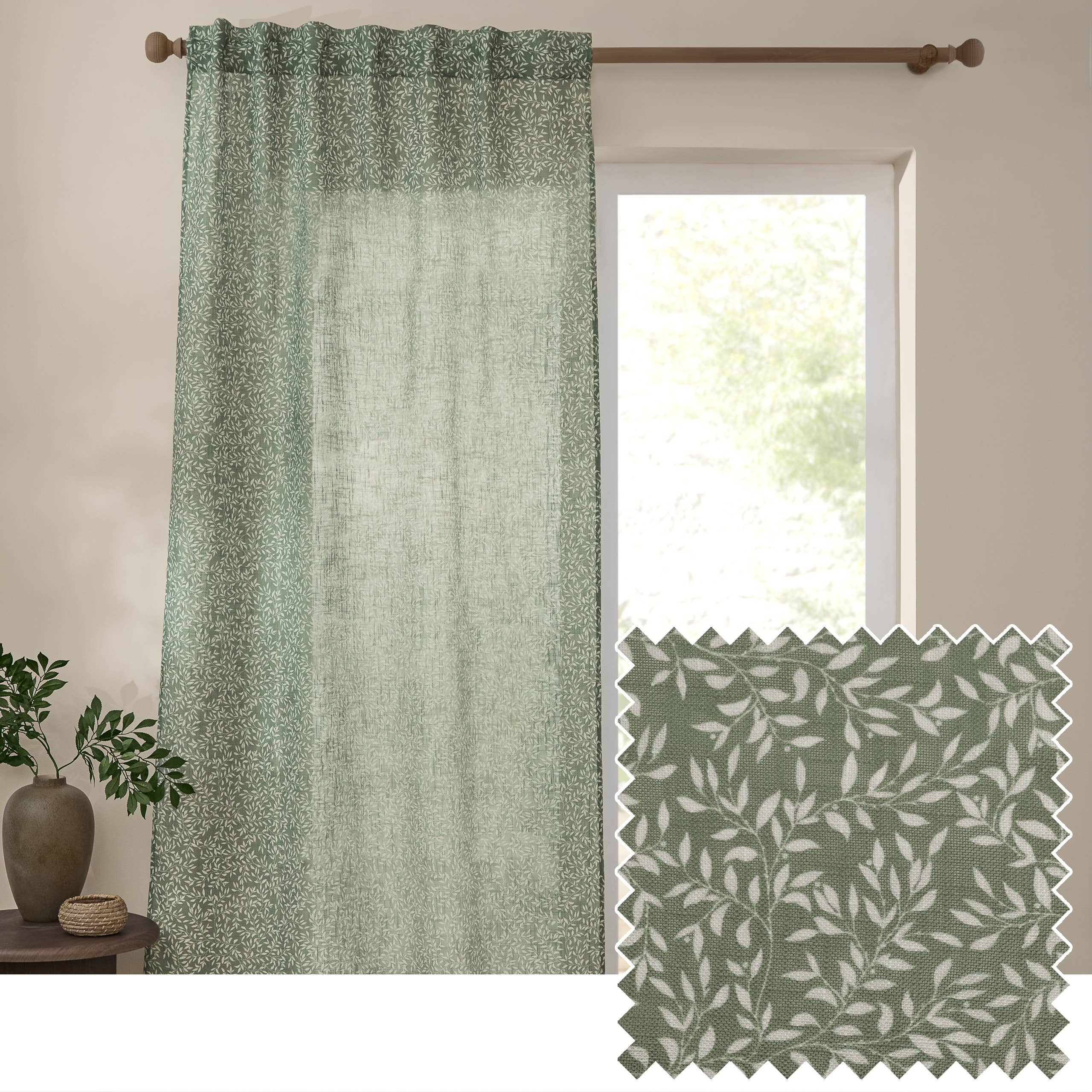Yard Leaf Patterned Green Woven Sheer Voile Curtain Panel