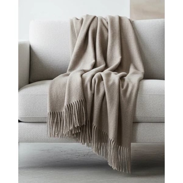 Beige and brown fine knit tasseled throw blanket from Ellenvale Trade, soft furnishings for cozy home decor.