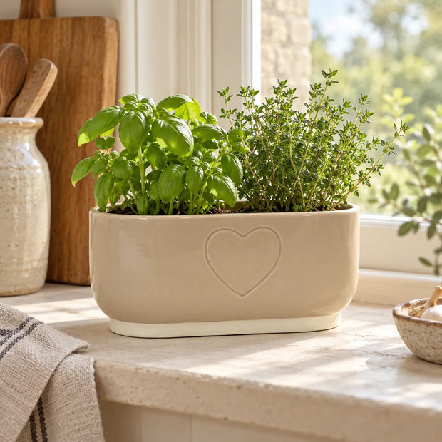Beige ceramic heart-shaped planter pot for kitchen herbs by Satchville, featuring a smooth finish and compact design.